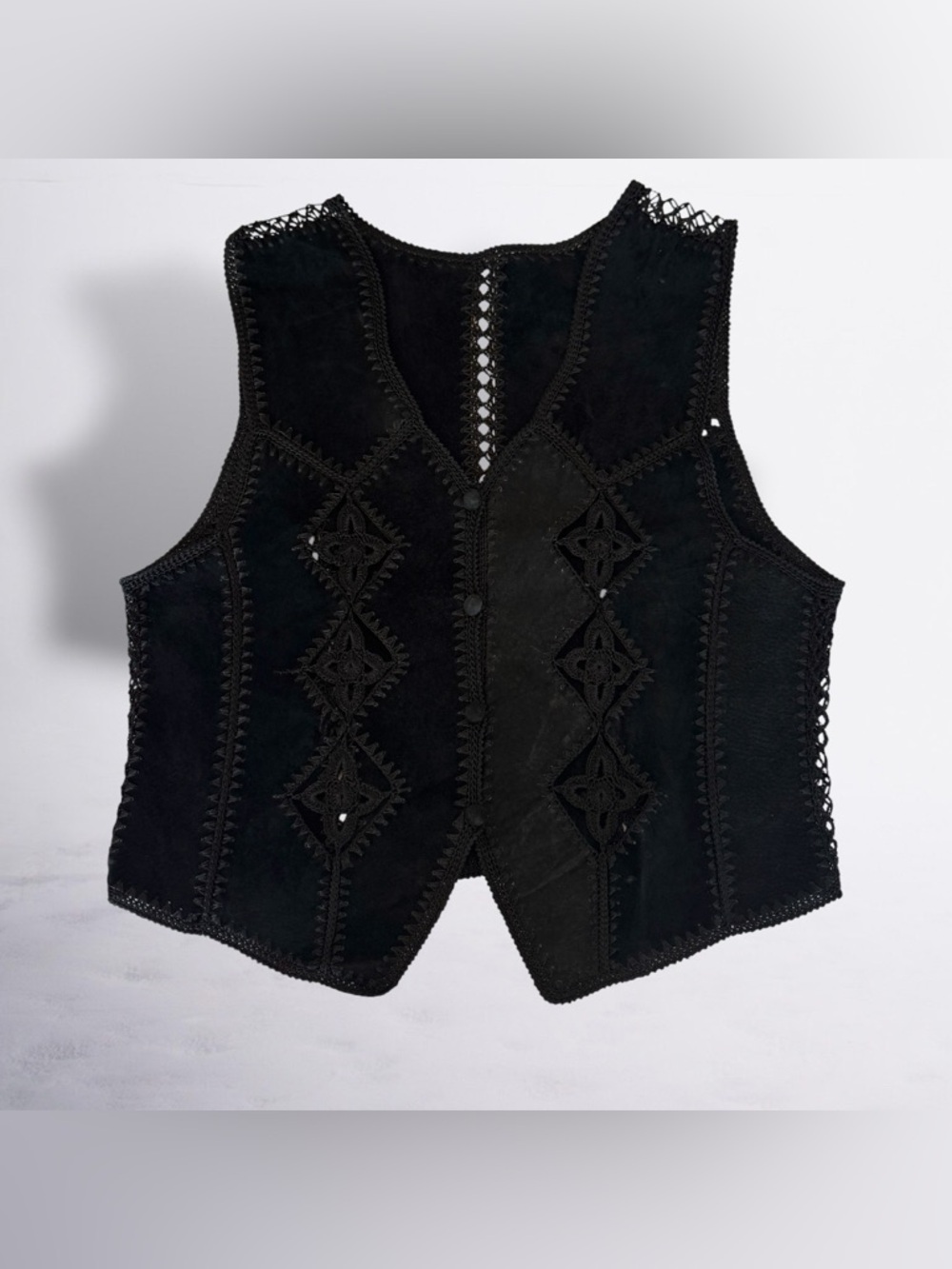 Vintage Black Genuine Leather Suede & Crochet Patchwork Women's Vest - Picture 4 of 7